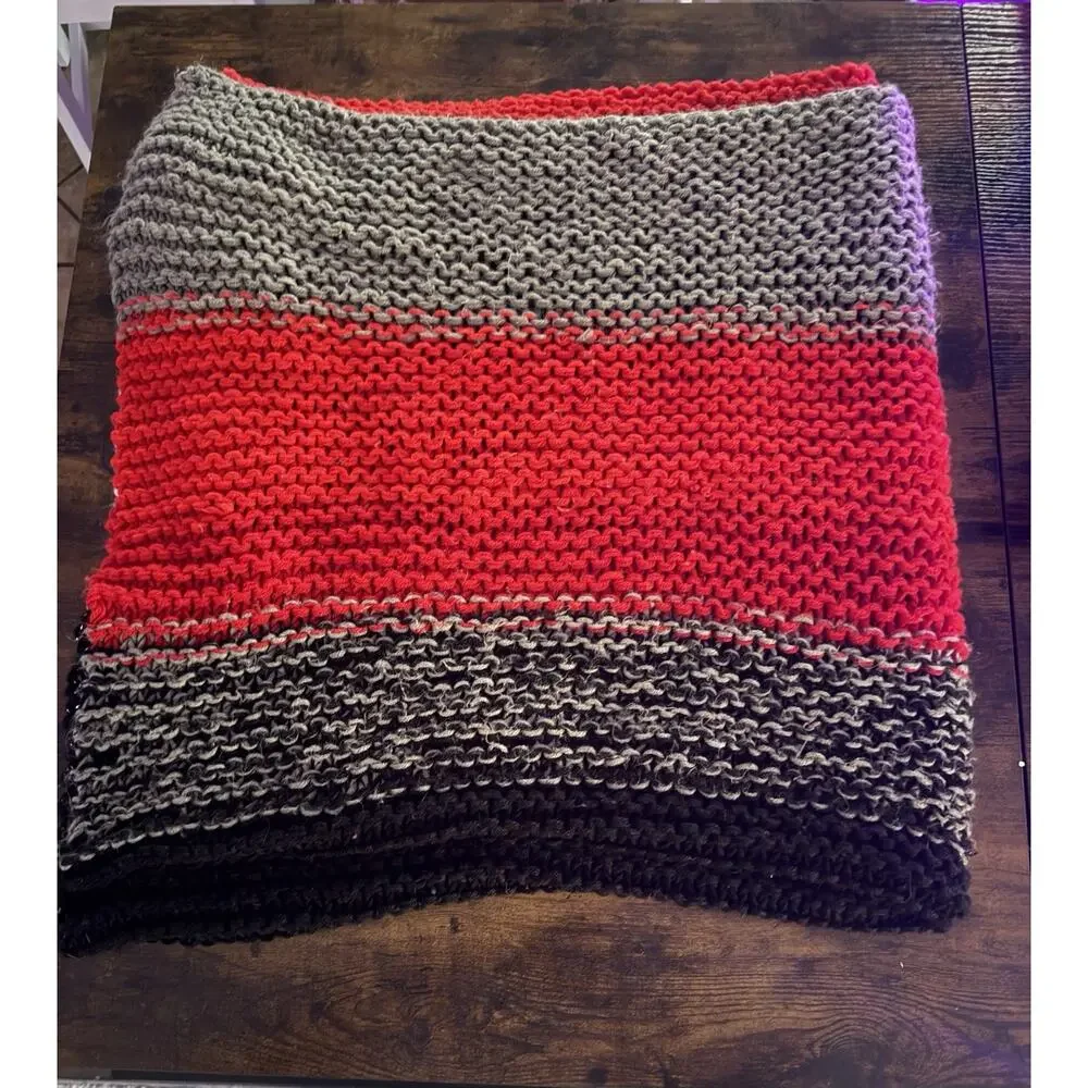 Handmade Crocheted Afghan Throw Blanket Red, Grey, and Black. 50”X 50”